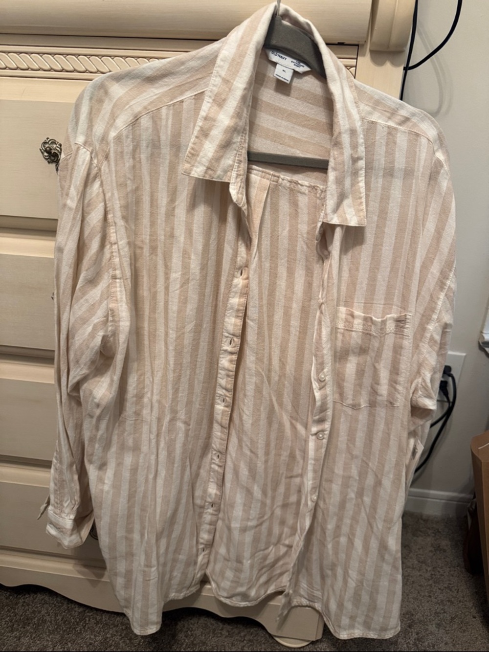 NWT - Old Navy Beige and White Vertical Stripe Linen Button-Down Shirt